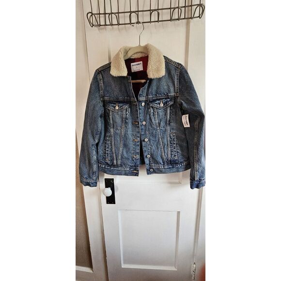 NWT Old Navy Woman Sherpa Collar Red Buffalo Plaid Flannel Lined Denim Jacket‎ M - Picture 1 of 13
